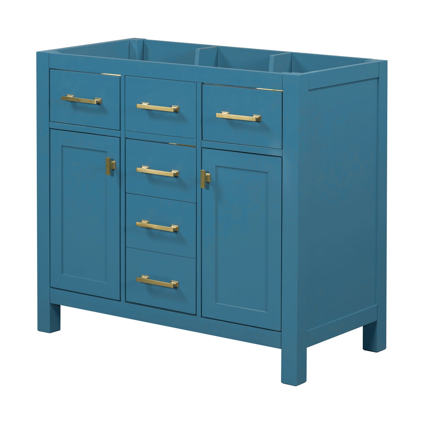 Teal bathroom vanity with six drawers and two cabinet doors featuring brushed gold hardware
