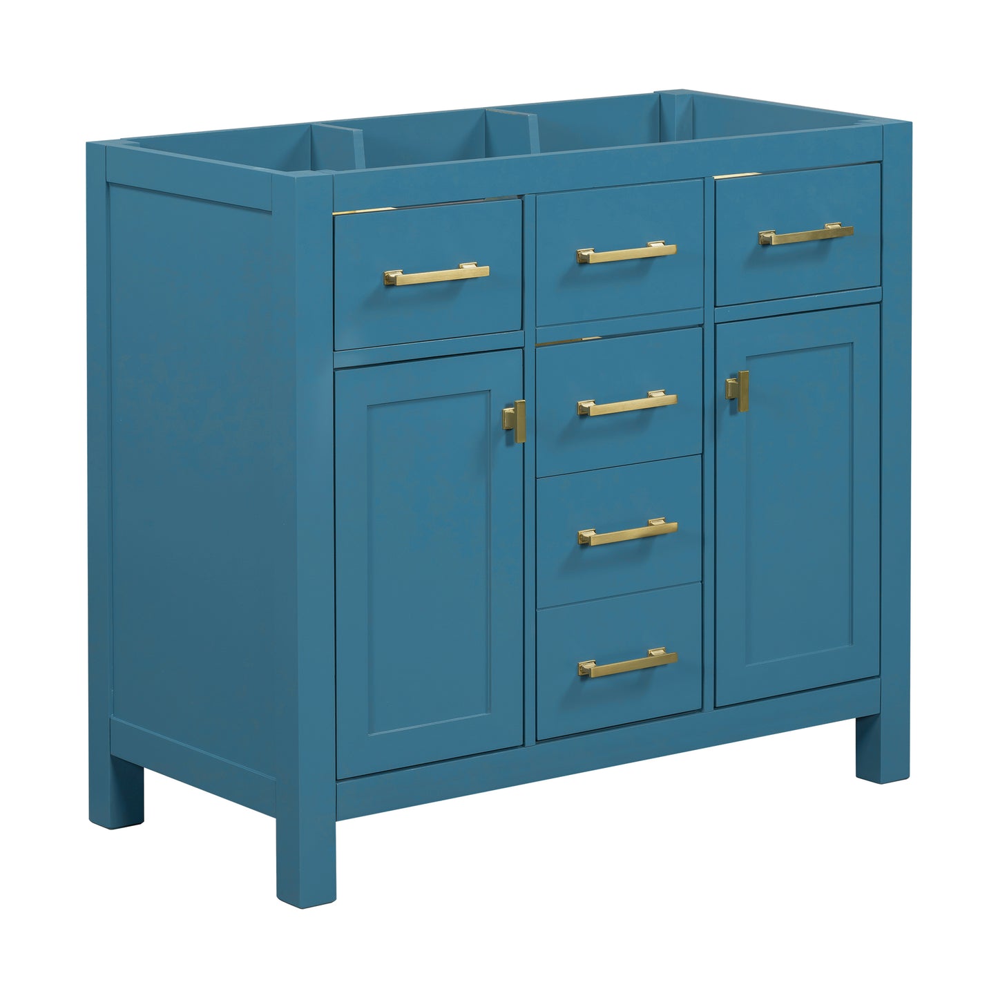 Teal blue bathroom vanity with gold hardware featuring four drawers and two cabinet doors