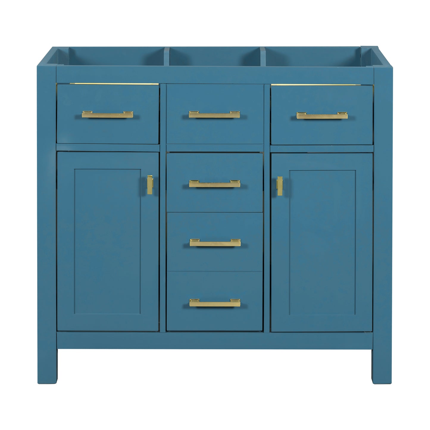 Teal blue bathroom vanity with gold hardware and three drawers