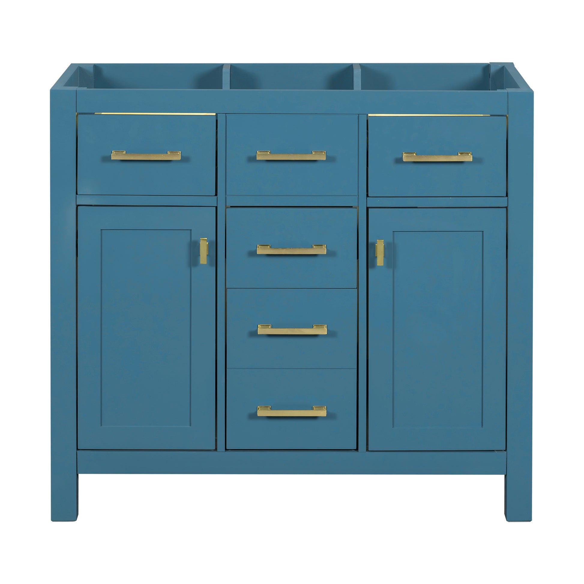 Teal blue bathroom vanity with gold hardware and three drawers