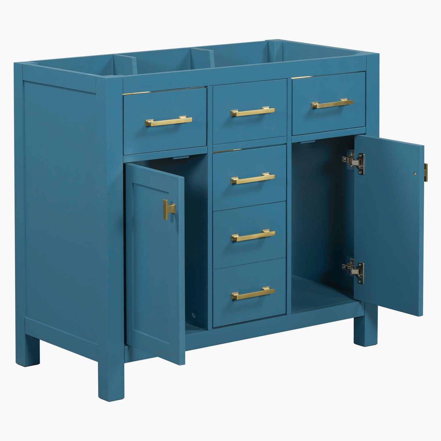 Teal blue bathroom vanity with five drawers and two doors featuring gold hardware