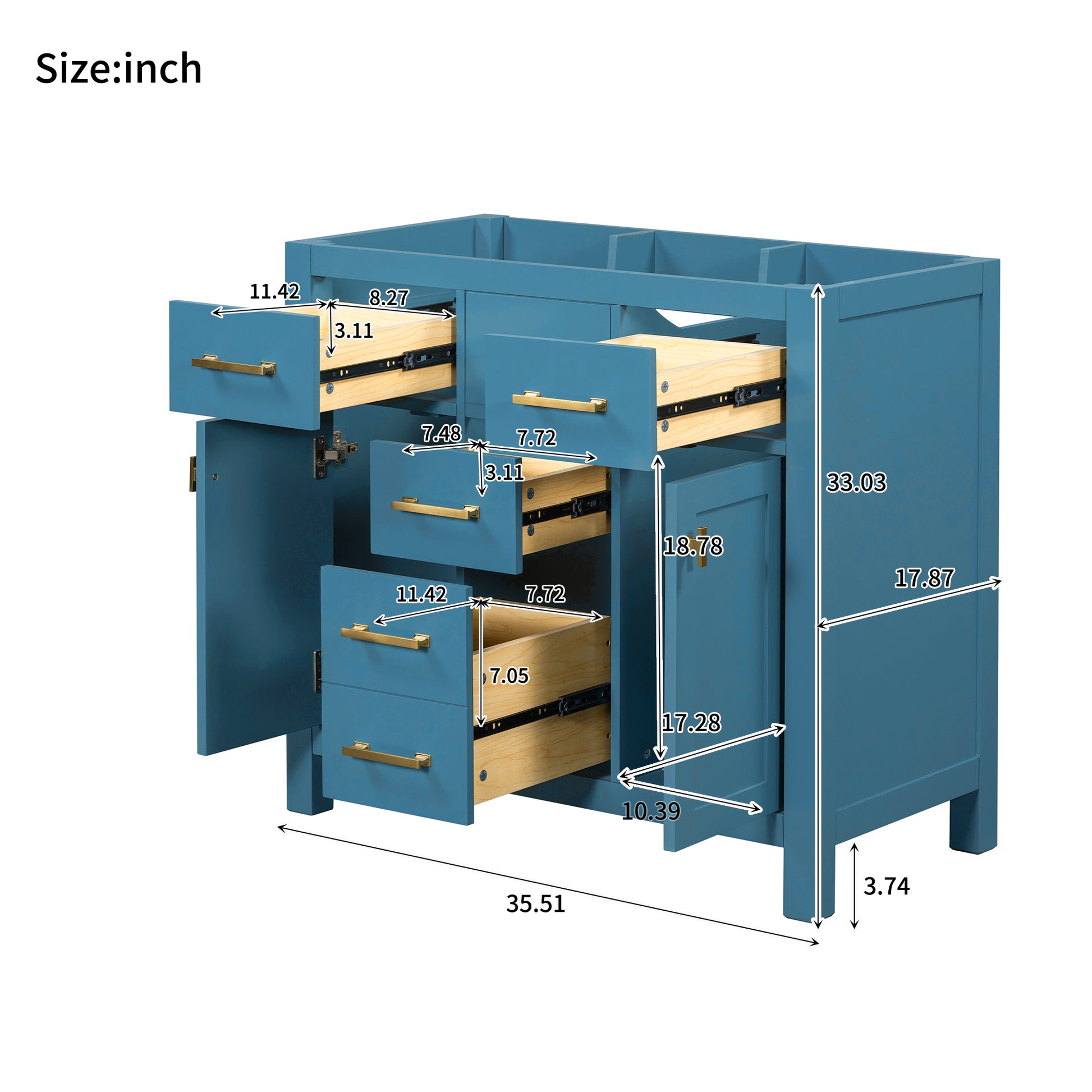 Teal blue vanity cabinet with multiple drawers and brass hardware showing dimensions