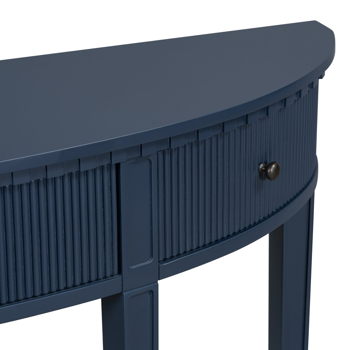 Navy blue halfmoon console table with fluted drawer detail and a round dark knob