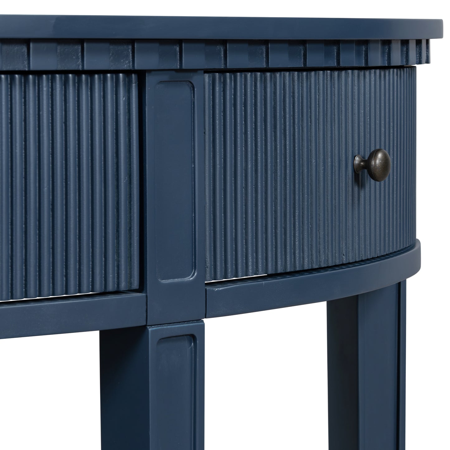 Navy blue ribbed accent table with dark metal drawer pull perfect for entryways