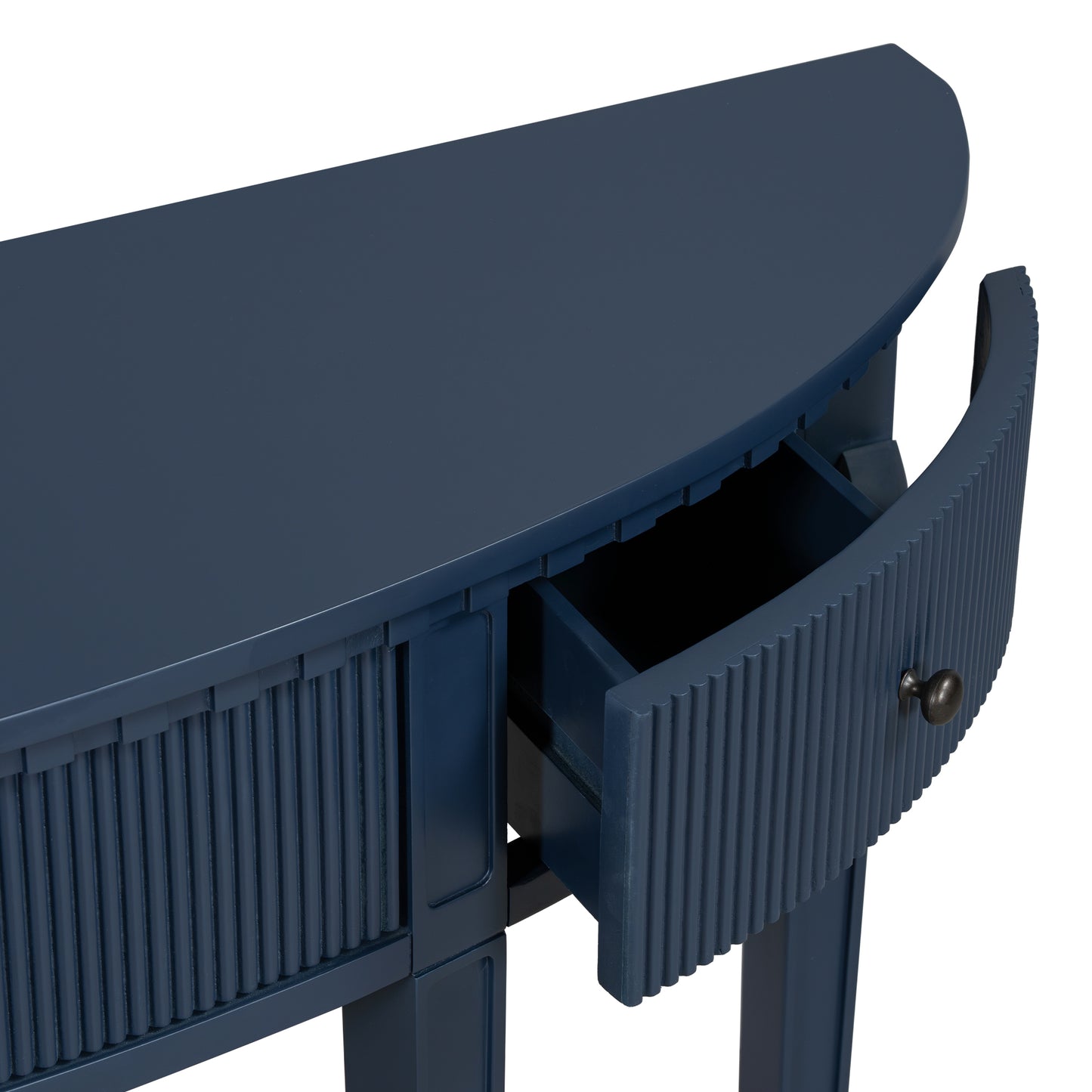 Navy blue halfmoon console table with fluted drawer detail and bronze knob