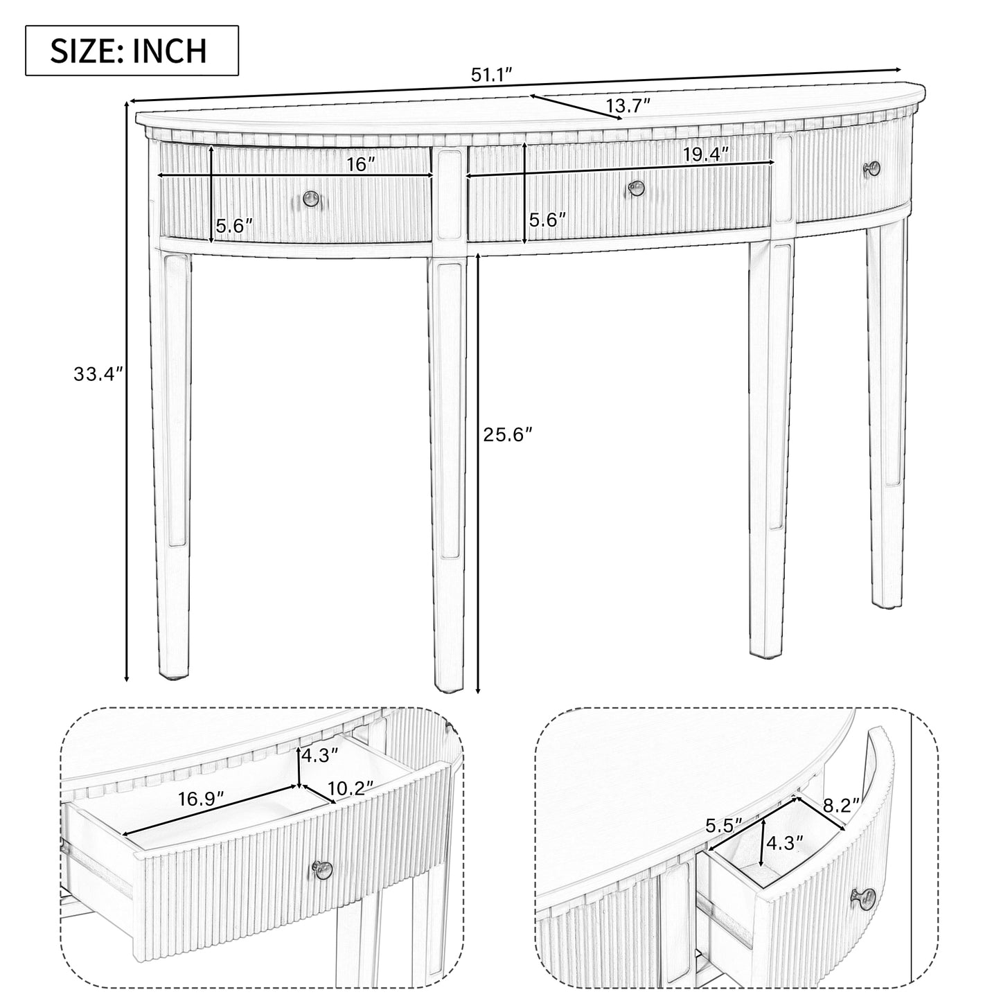 Curved console table with three drawers and fluted detailing  L