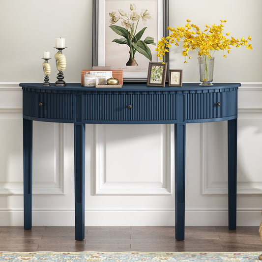 Navy blue fluted halfmoon console table with antique brass knobs
