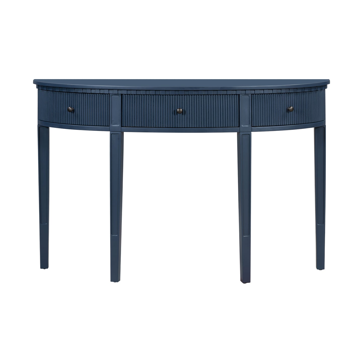 Dark blue halfmoon console table with three fluted drawers and brass knobs
