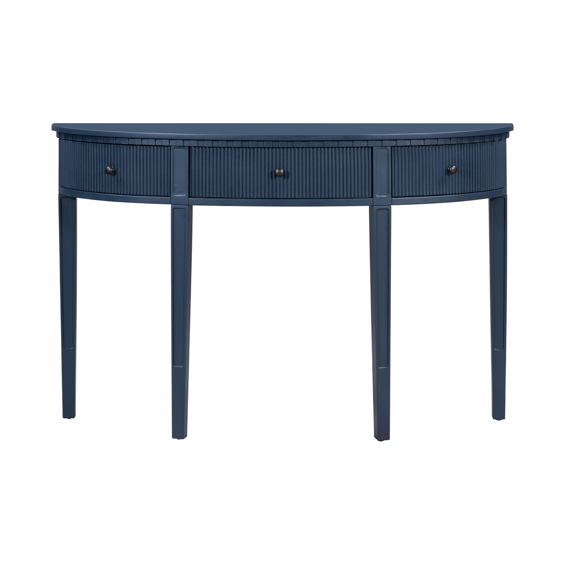 Dark blue halfmoon console table with three fluted drawers and brass knobs