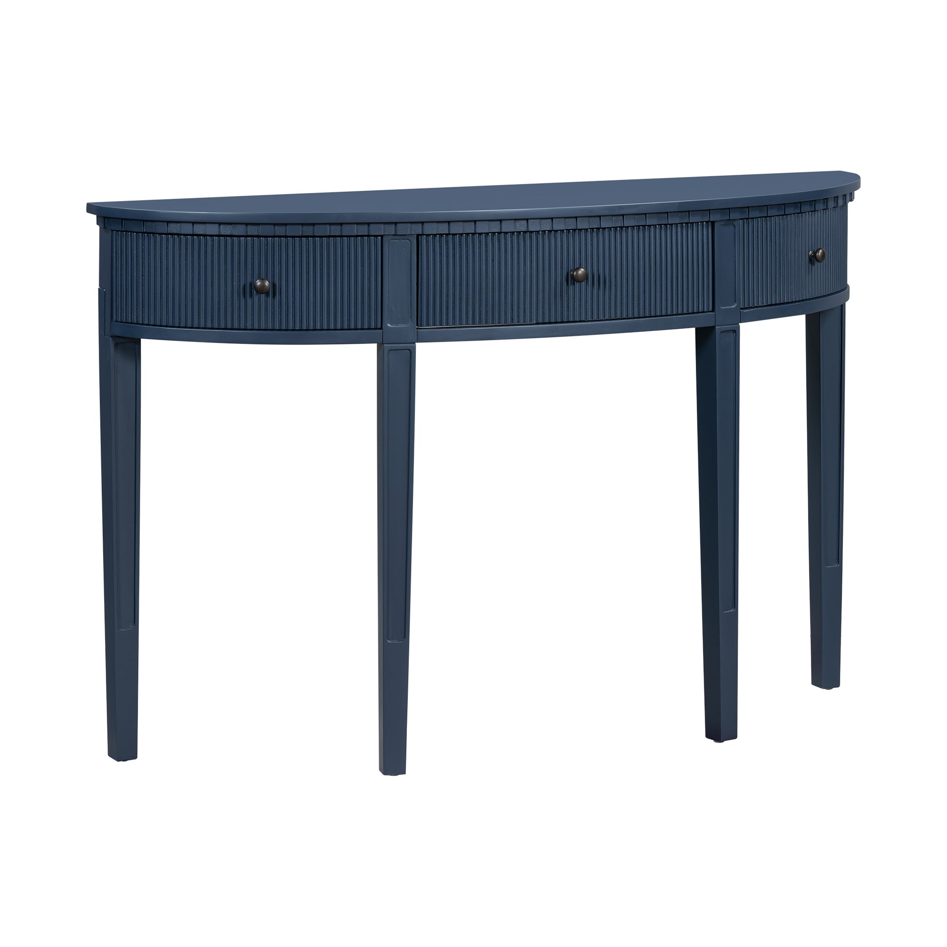 Dark blue demilune console table with fluted drawers and three tapered legs