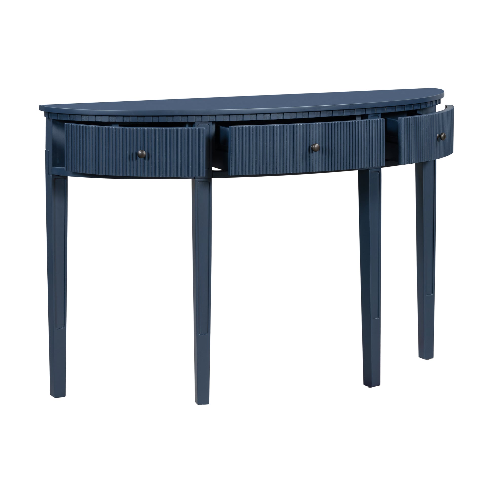 Dark blue halfmoon console table with fluted drawers and three tapered legs