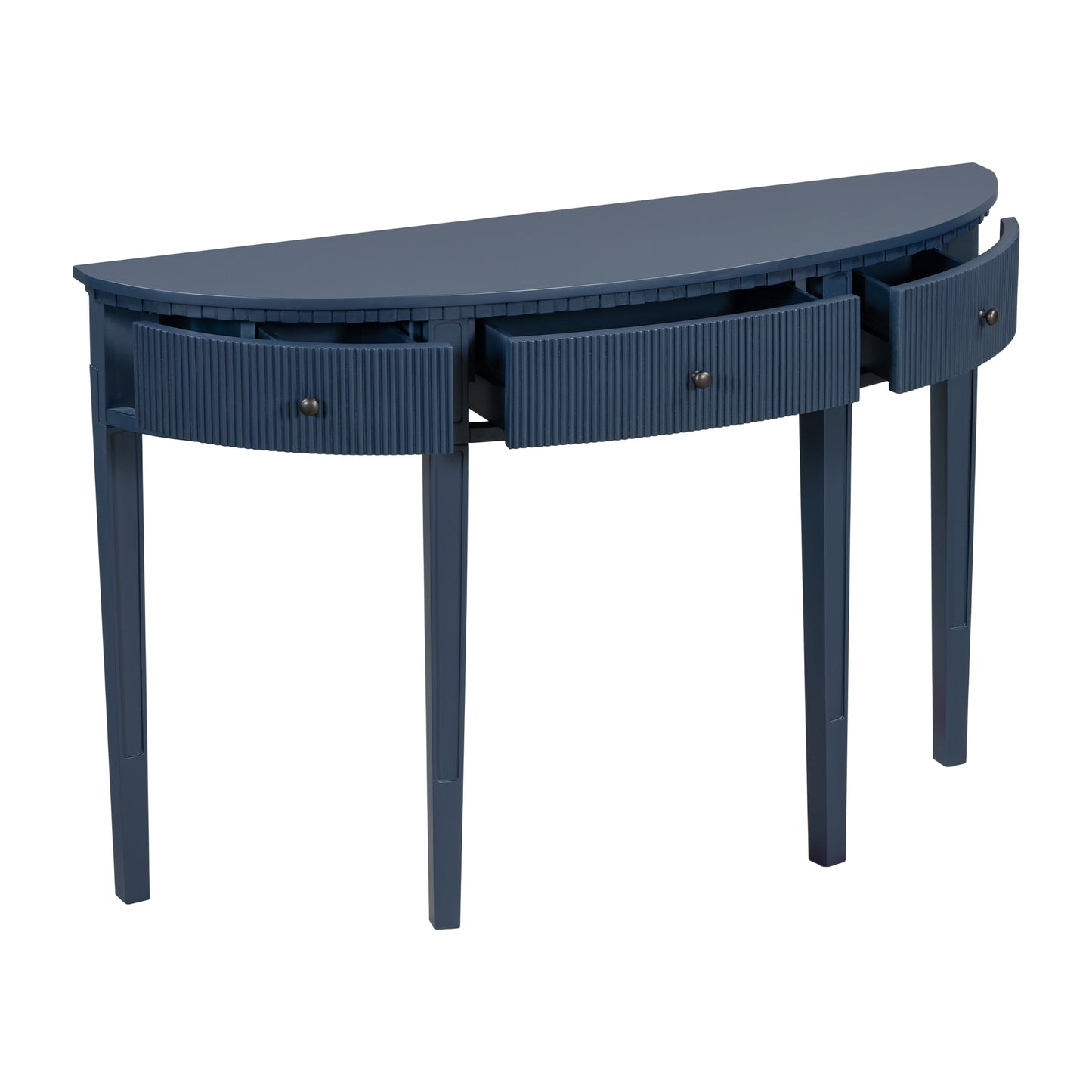 Navy blue halfmoon console table with three ribbed drawers dark antique knobs