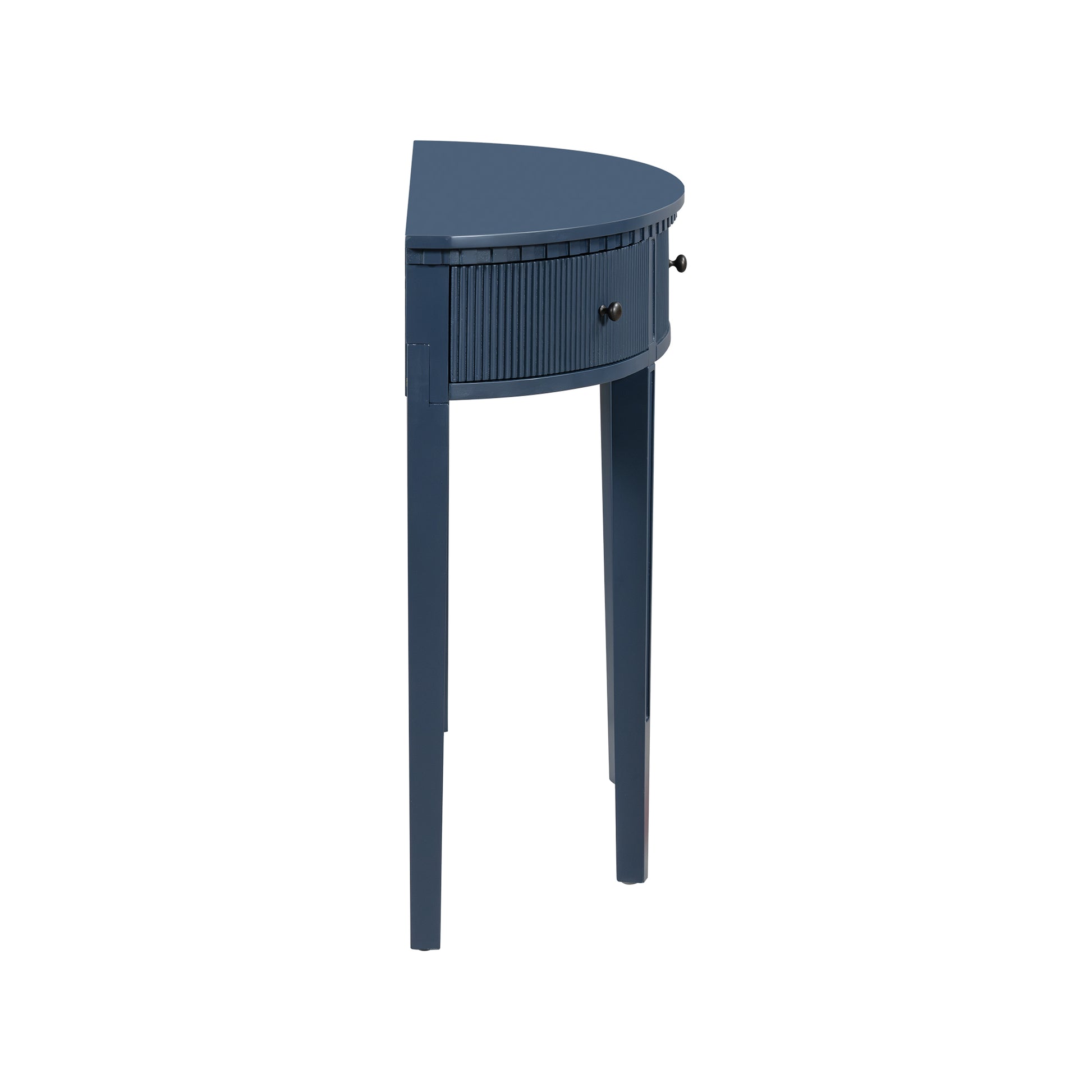 Dark blue halfmoon console table with fluted drawer front and two tapered legs