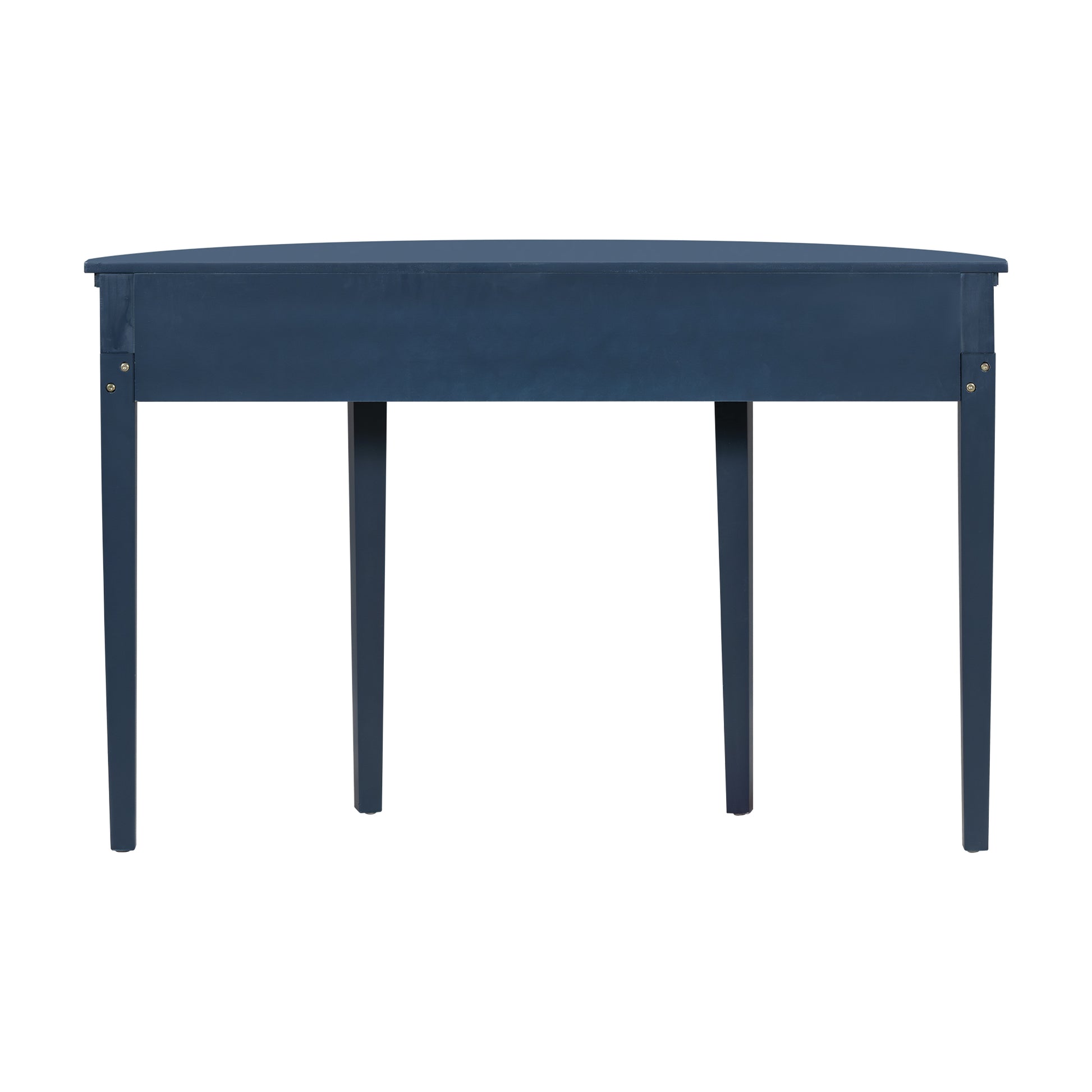 Navy blue console table with tapered legs and curved top