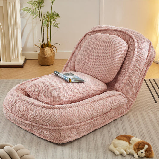 Plush pink convertible floor chair with textured fabric perfect for relaxation and small spaces