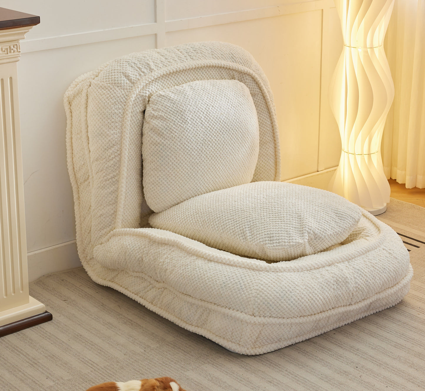 Cream plush foldable floor chair with adjustable back and lumbar pillow