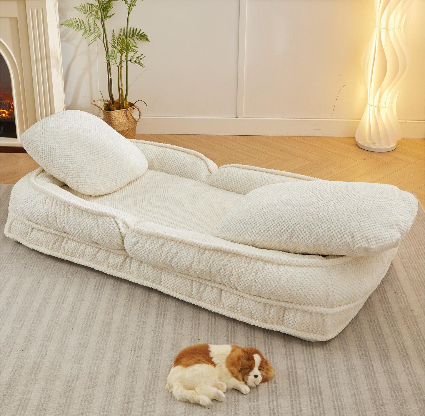 Plush white dog sofa with bolster sides and removable cushions perfect for small pets
