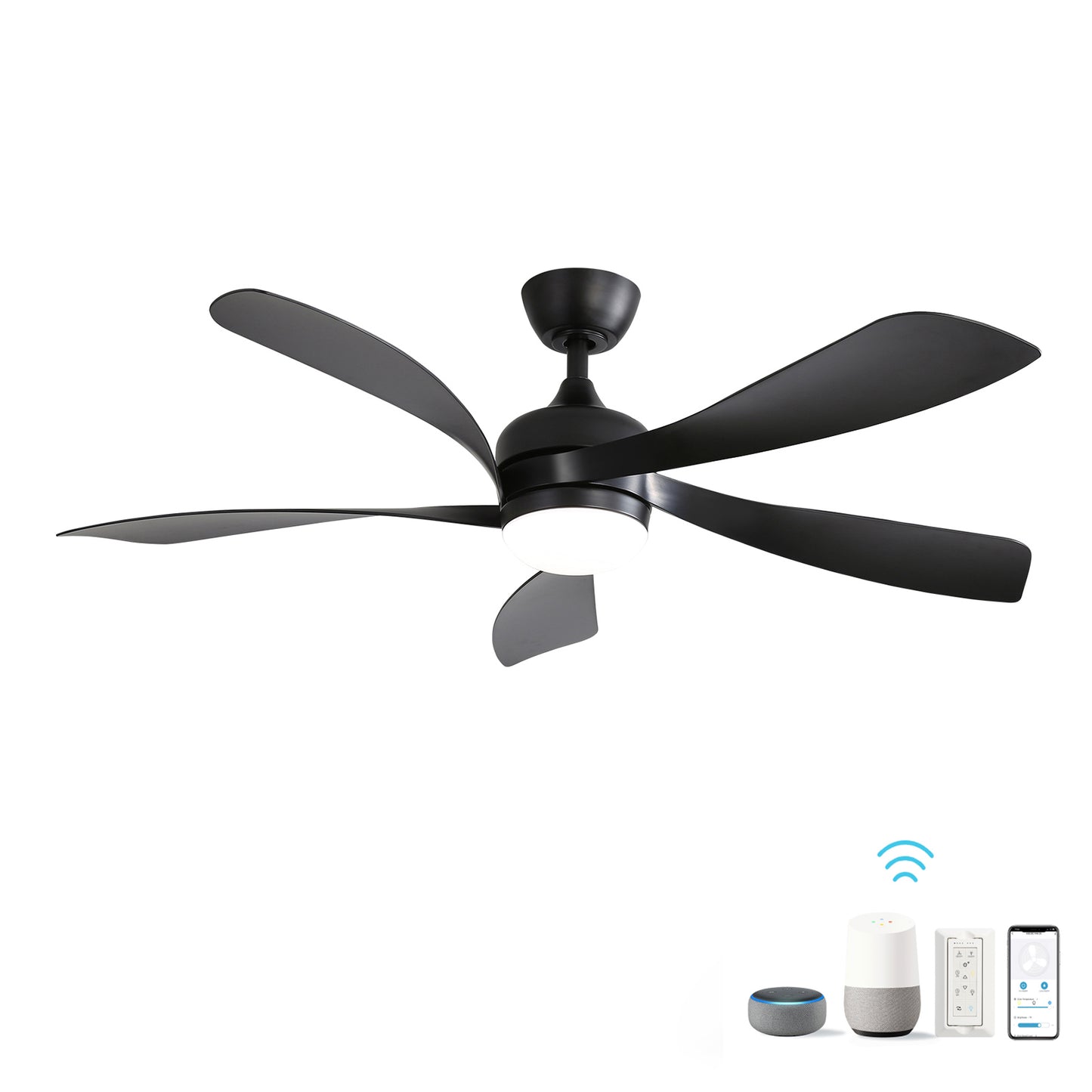 Sleek black modern ceiling fan with integrated LED light and five curved blades