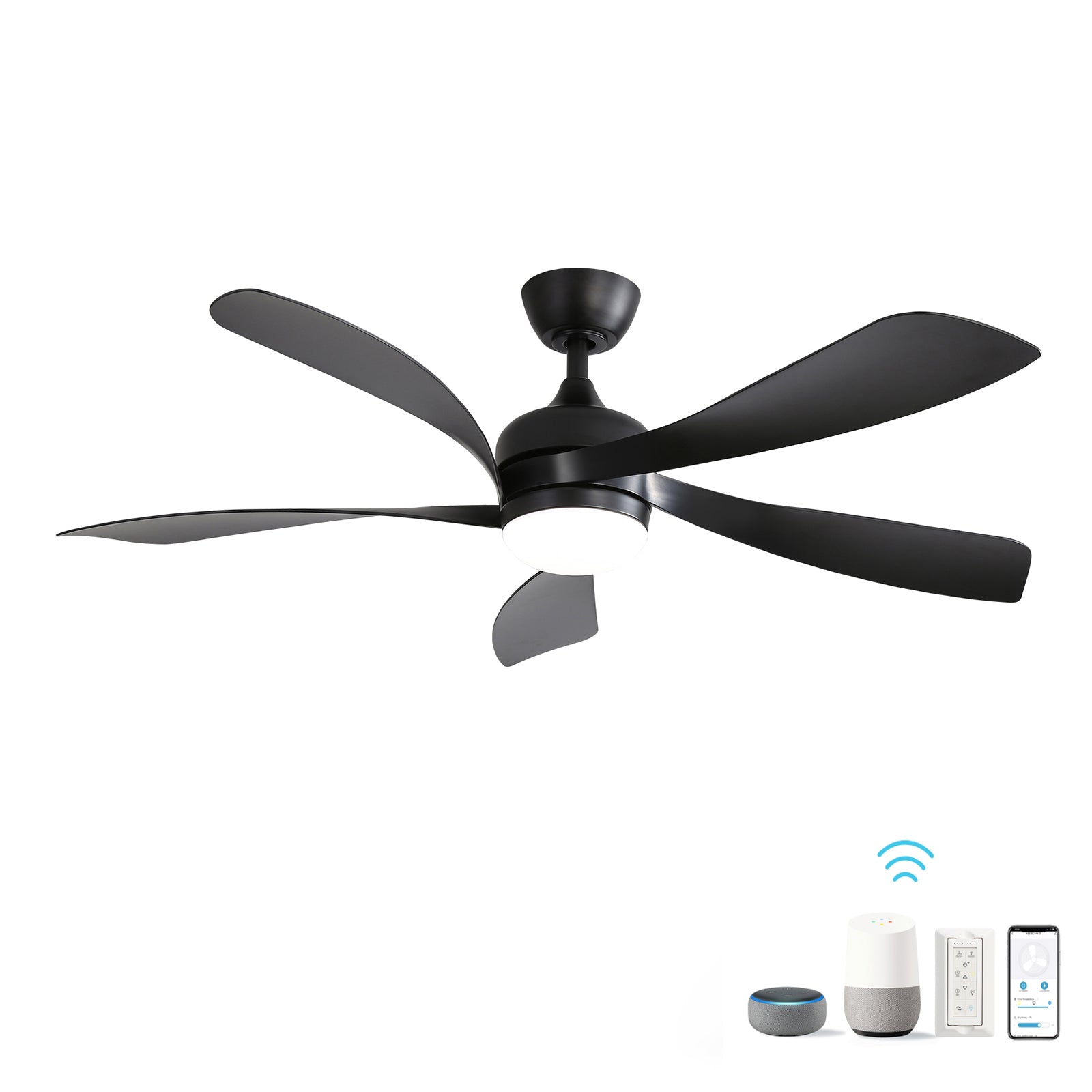 Sleek black modern ceiling fan with integrated LED light and five curved blades
