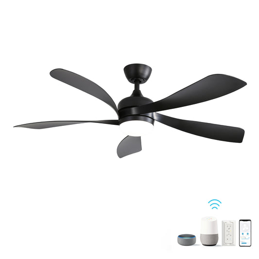 Sleek black modern ceiling fan with integrated LED light and five curved blades