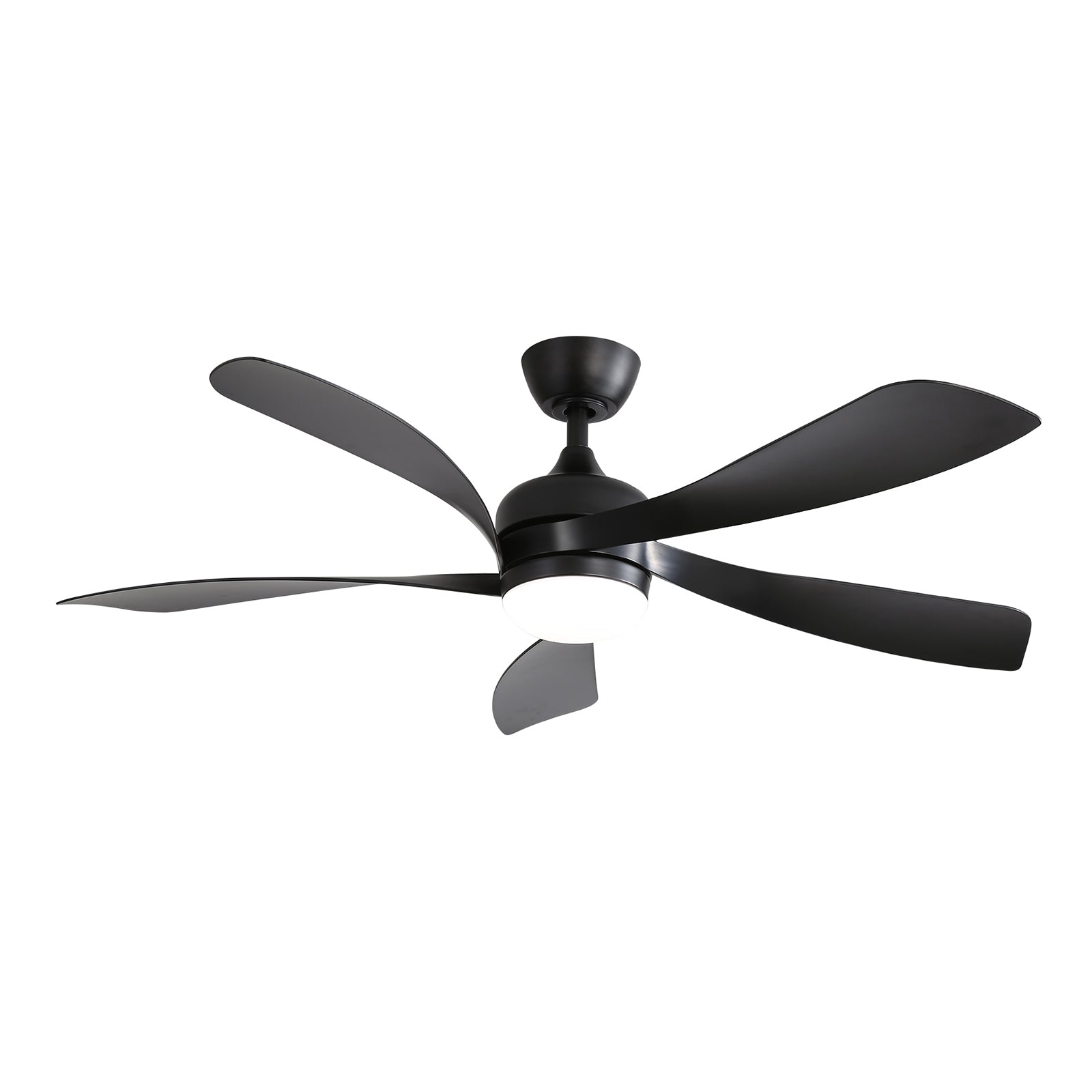 Modern black fiveblade ceiling fan with integrated LED light perfect for living rooms