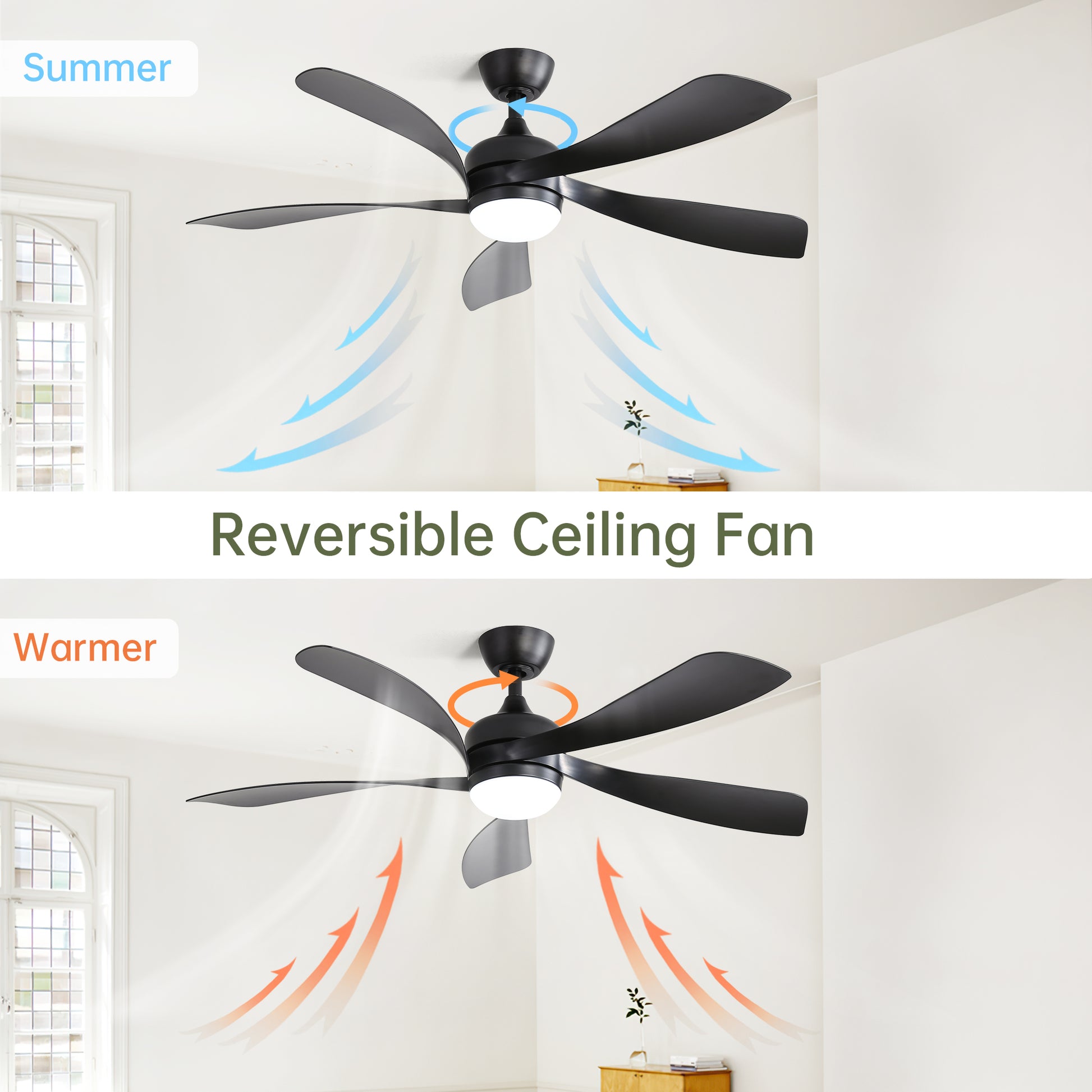 Black blade reversible ceiling fan with integrated light illustrating summer cooling airflow