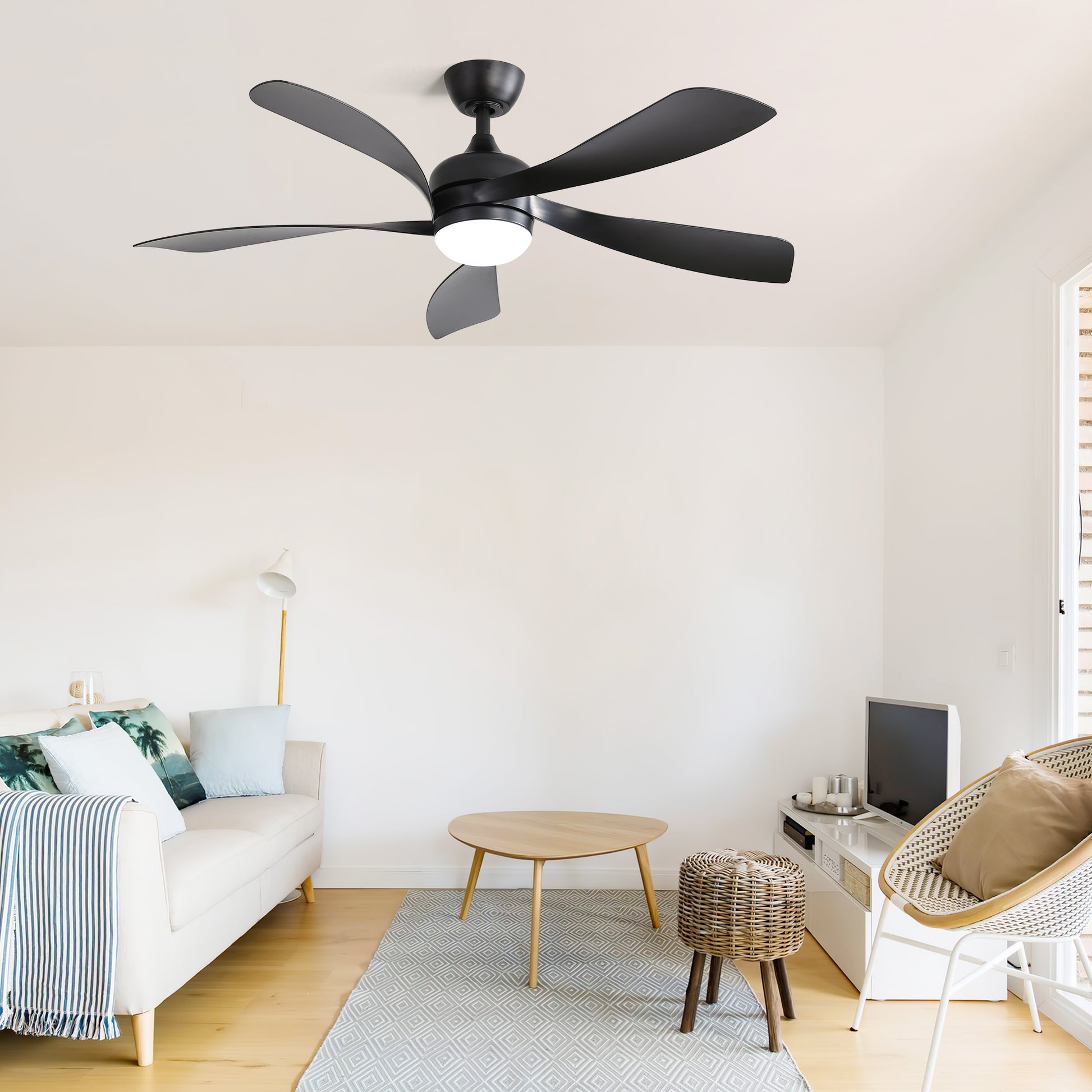 Modern black ceiling fan with integrated LED light five curved blades ideal for living rooms