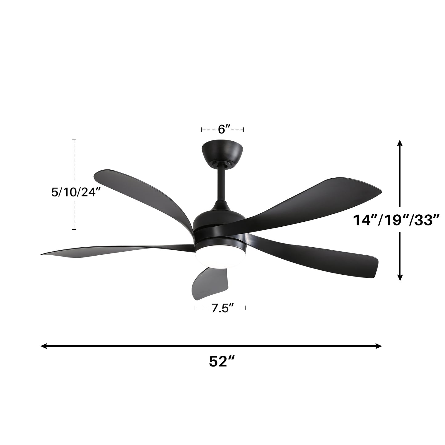 Modern black inch ceiling fan with integrated LED light and  curved blades
