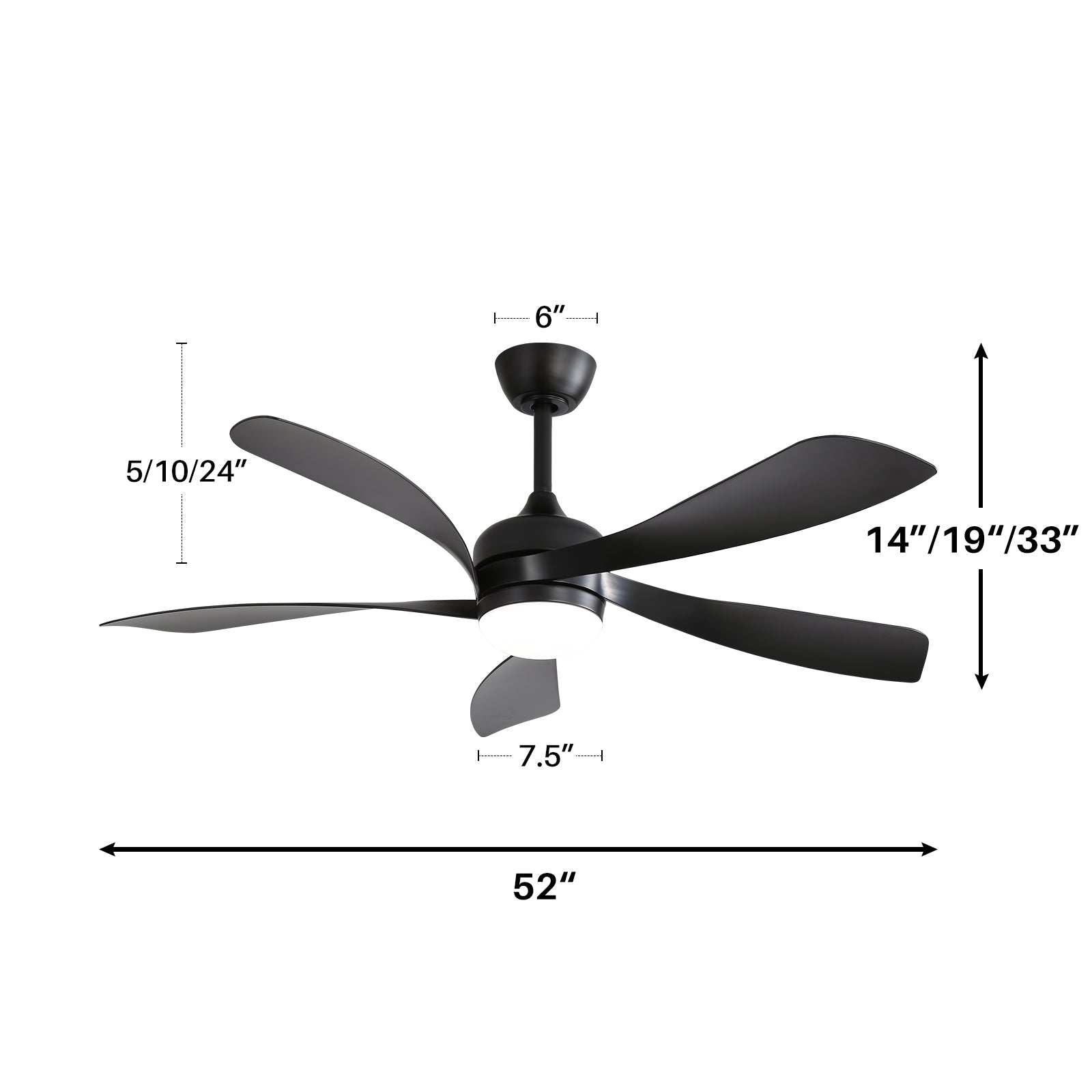 Modern black inch ceiling fan with integrated LED light and  curved blades