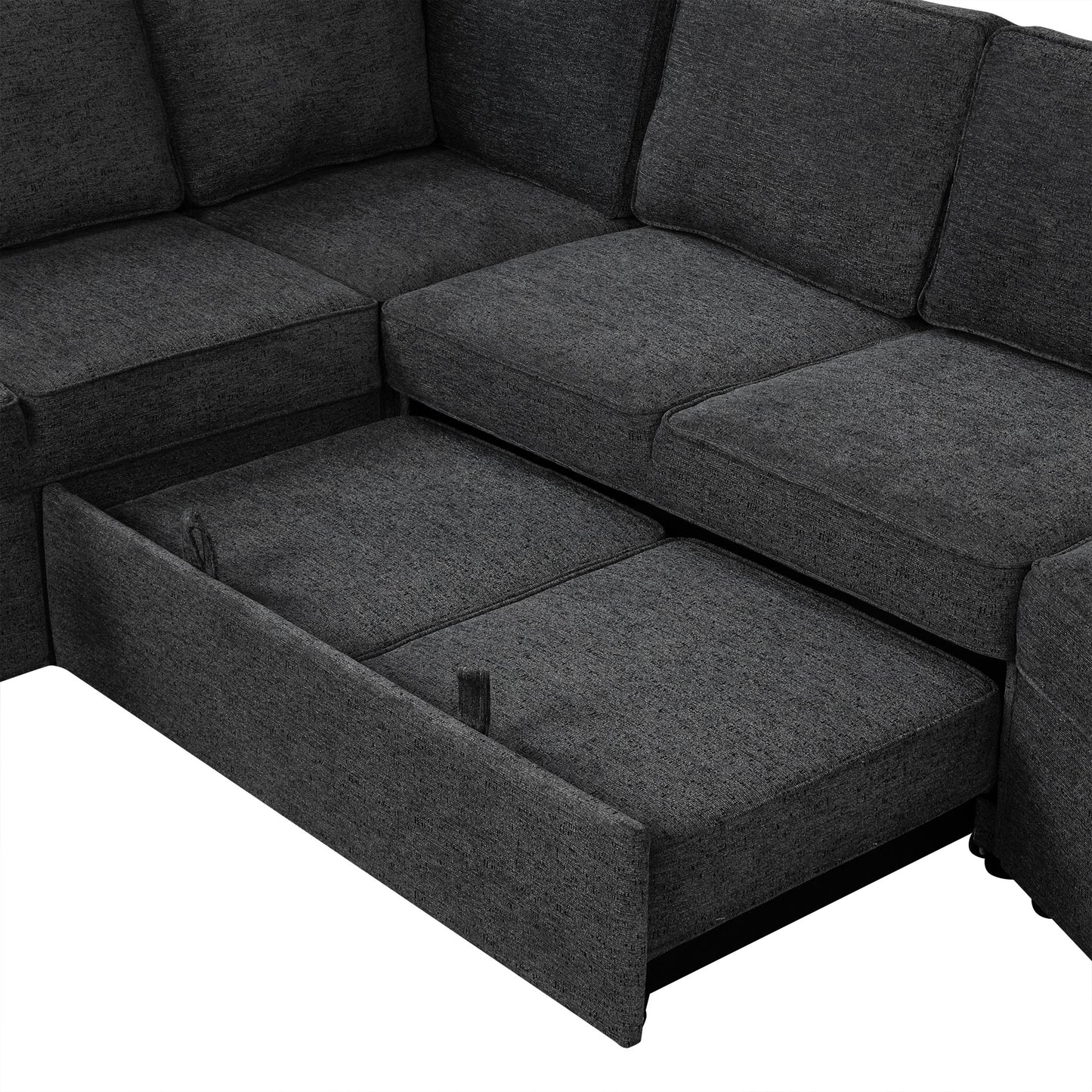 Dark gray sectional sofa with pullout storage drawer modern fabric upholstery