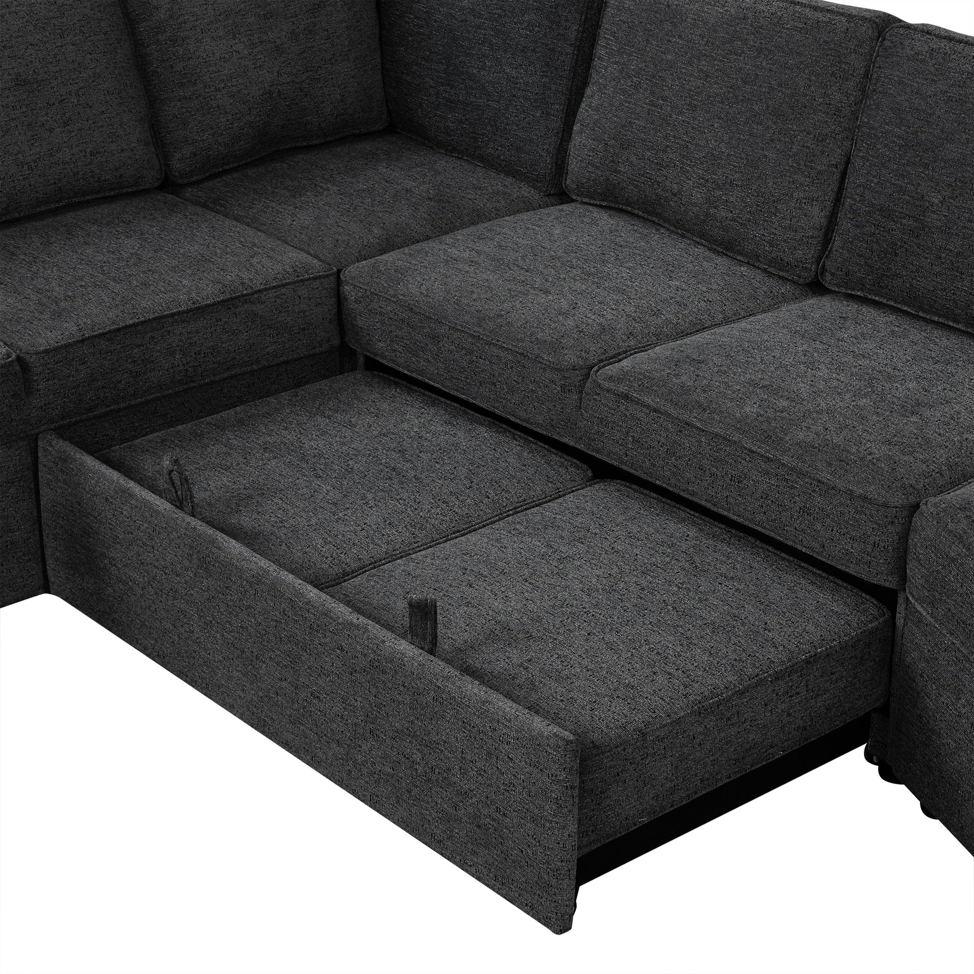 Dark gray sectional sofa with pullout storage drawer modern fabric upholstery