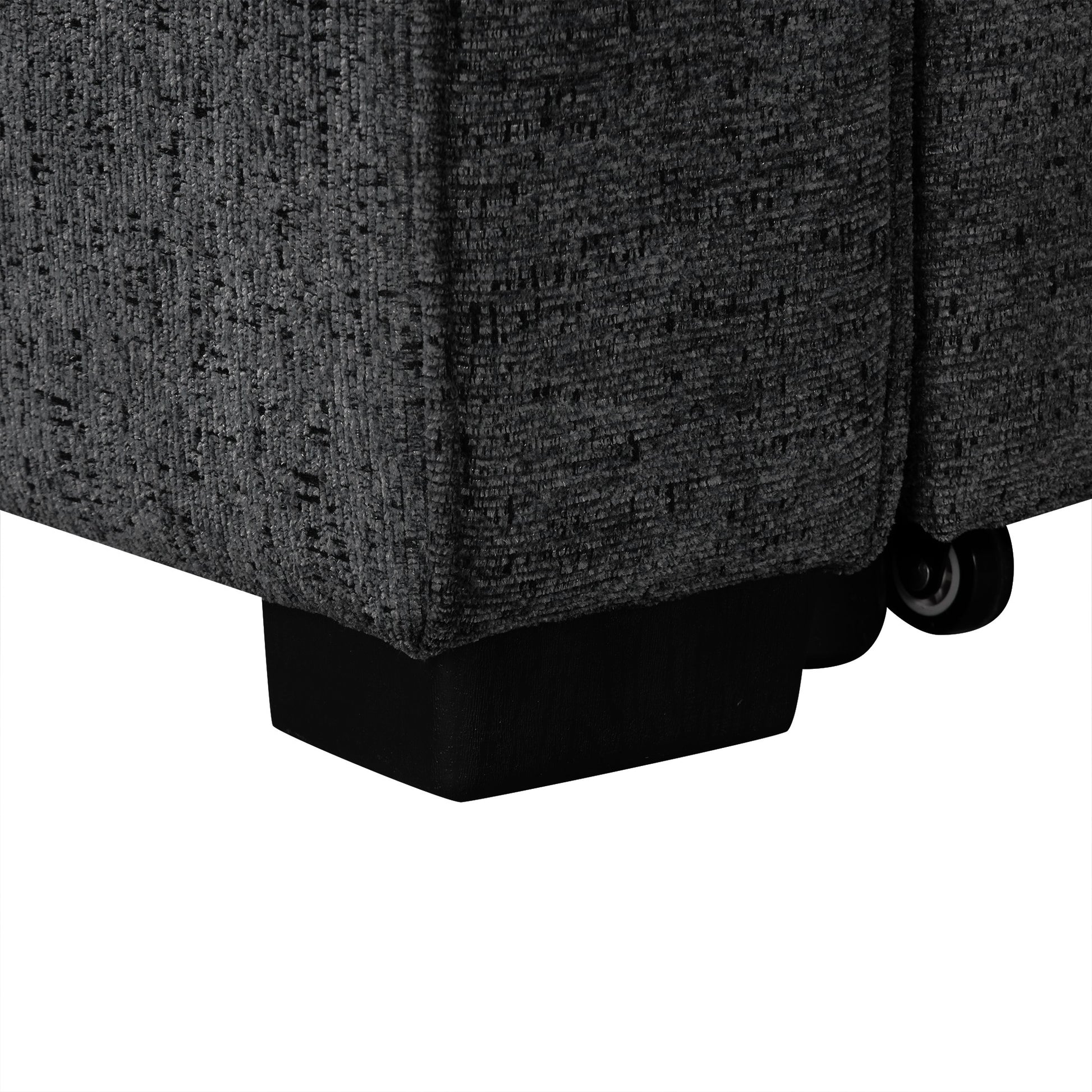 Dark grey textured fabric armchair base with hidden wheels