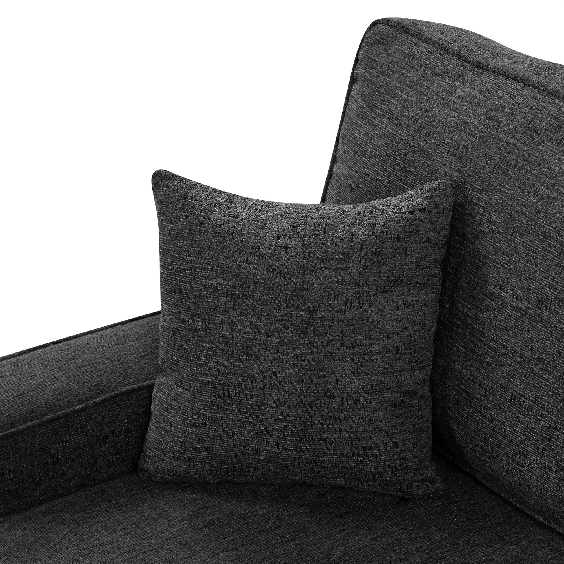 Dark grey textured sofa with a matching throw pillow