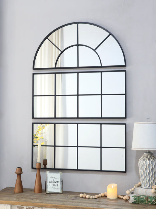 Arched black metal window pane mirror with  segments modern wall decor