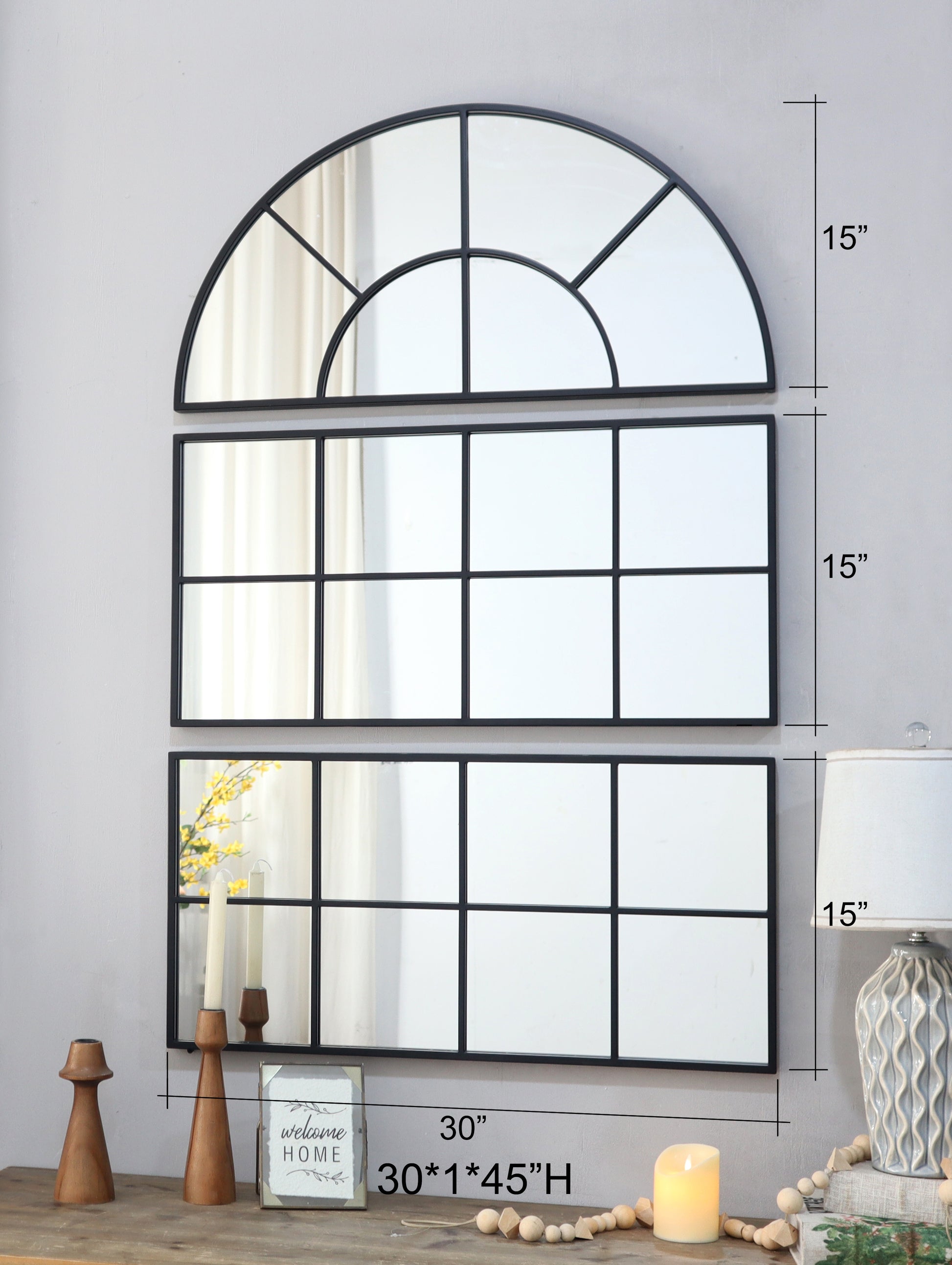 Industrial window pane style mirror set with arched top section and grid panes