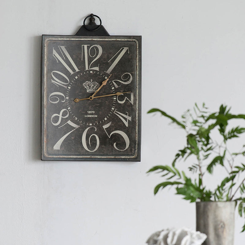 Vintage rectangle wall clock with distressed finish and large cream numbers