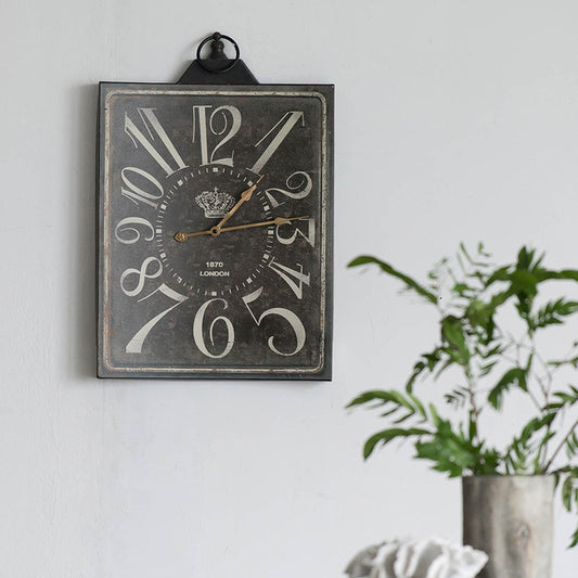 Vintage rectangle wall clock with distressed finish and large cream numbers