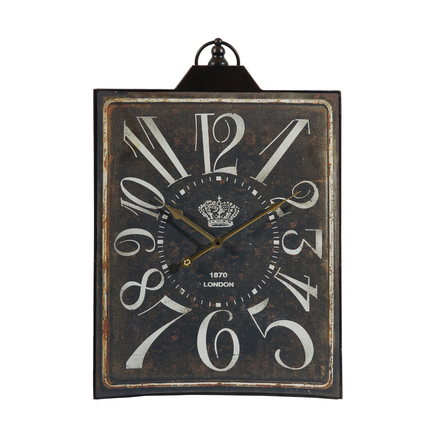 Vintage distressed metal wall clock with Roman numerals and crown emblem