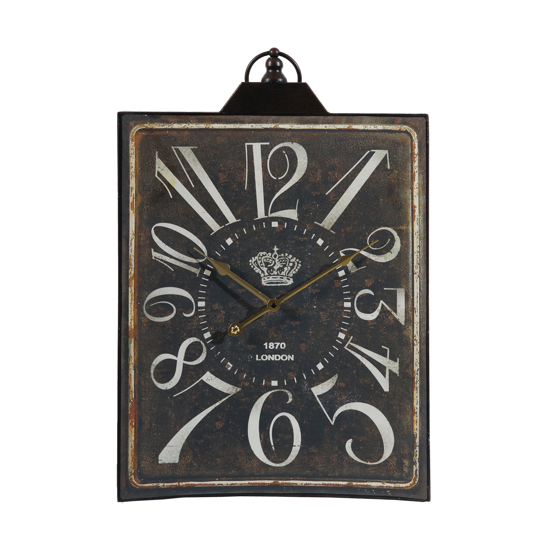 Vintage distressed metal wall clock with Roman numerals and crown emblem