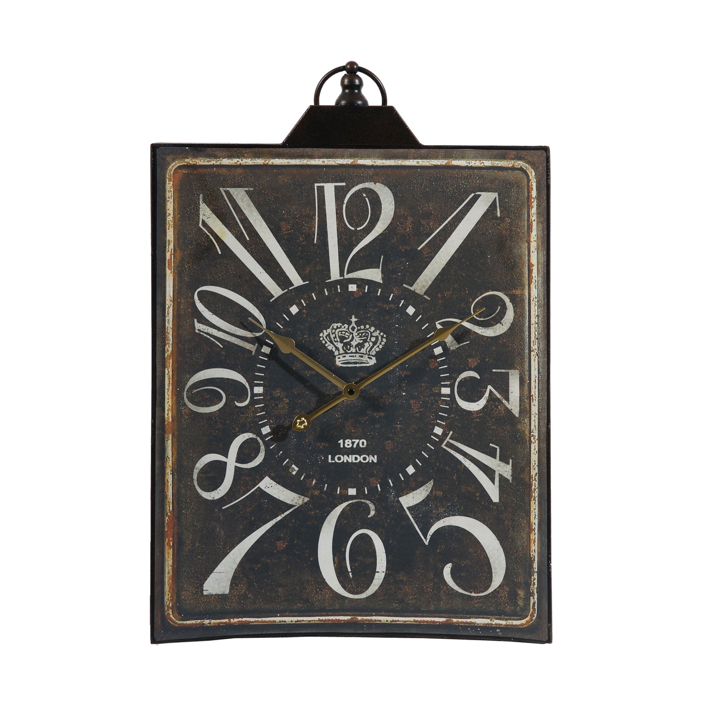 Vintage square metal wall clock with distressed finish and crown detail Essential home decor