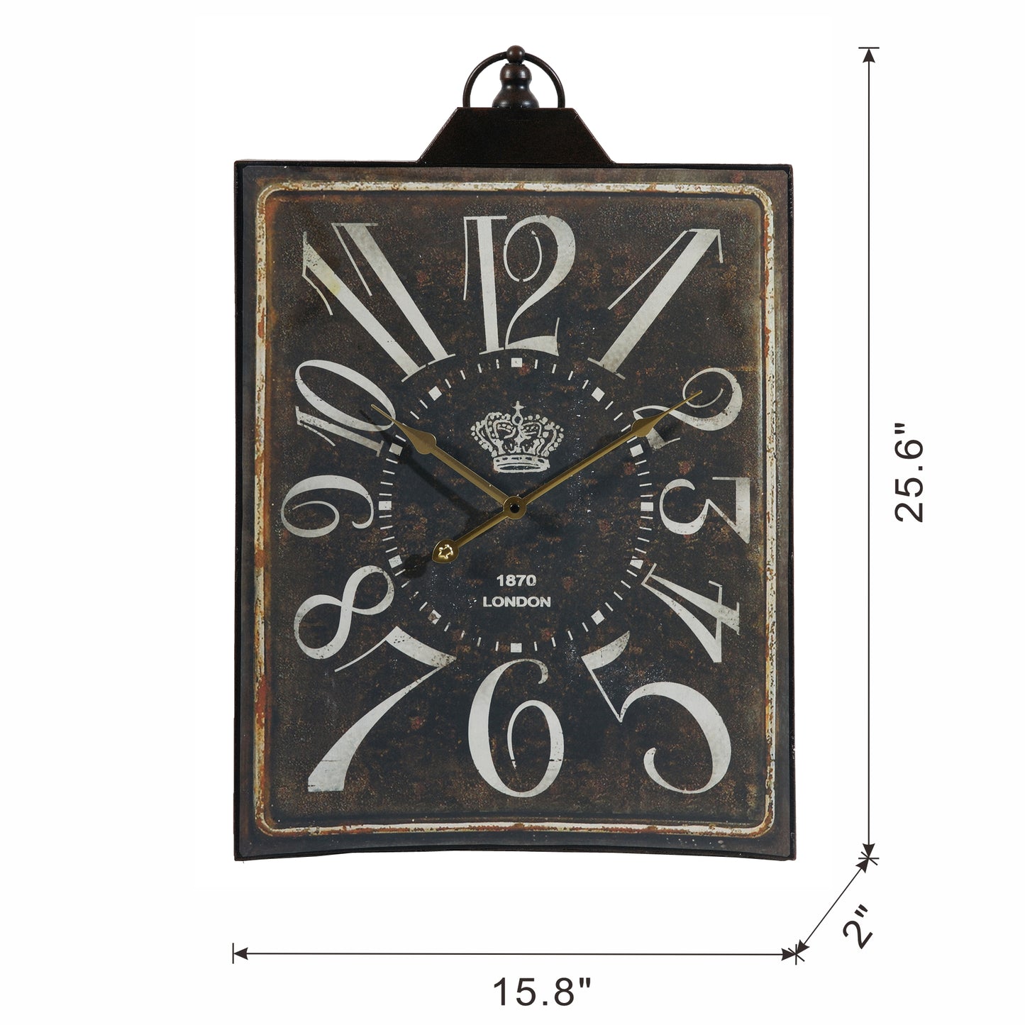 Distressed black rectangular wall clock with Roman numerals and crown detail