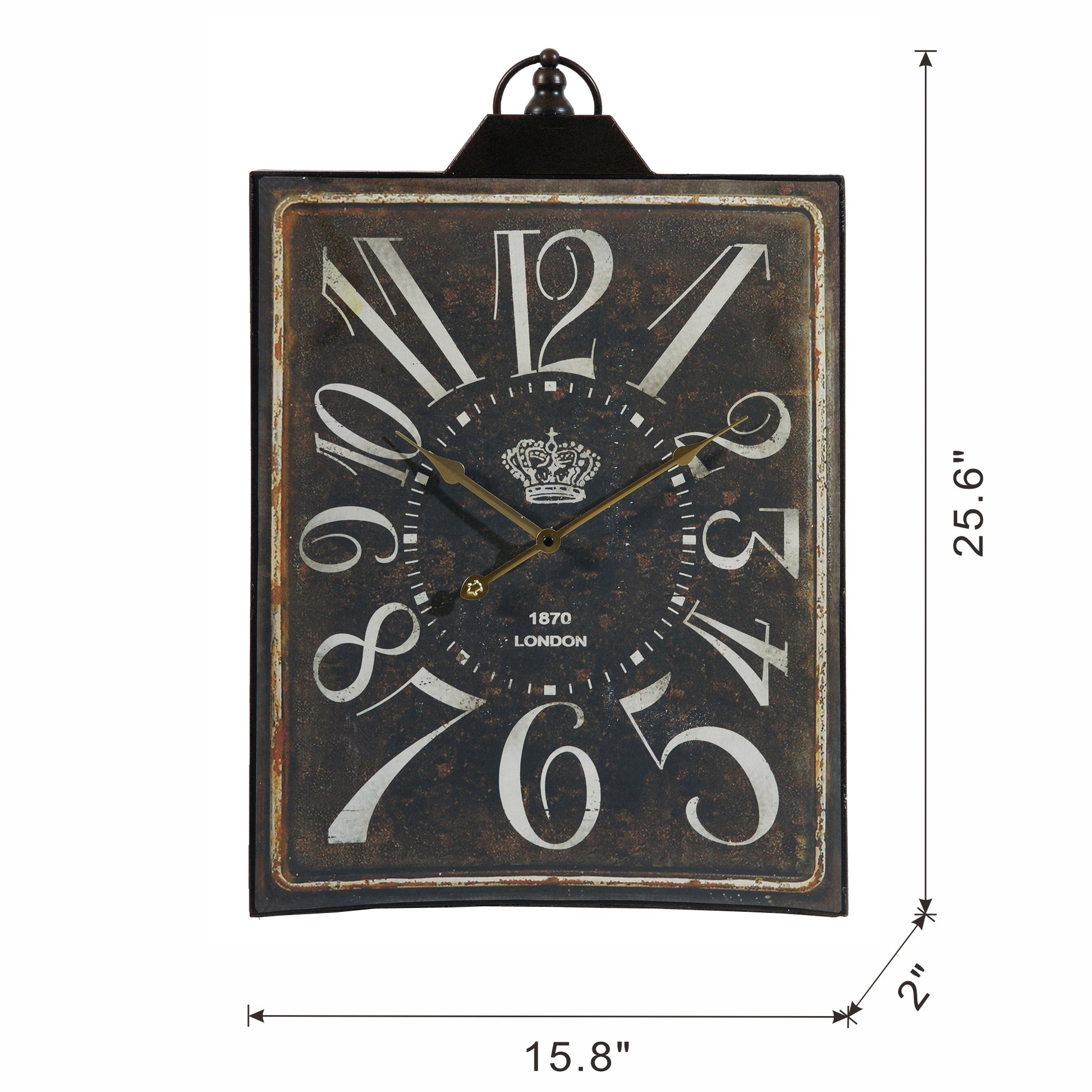 Distressed black rectangular wall clock with Roman numerals and crown detail