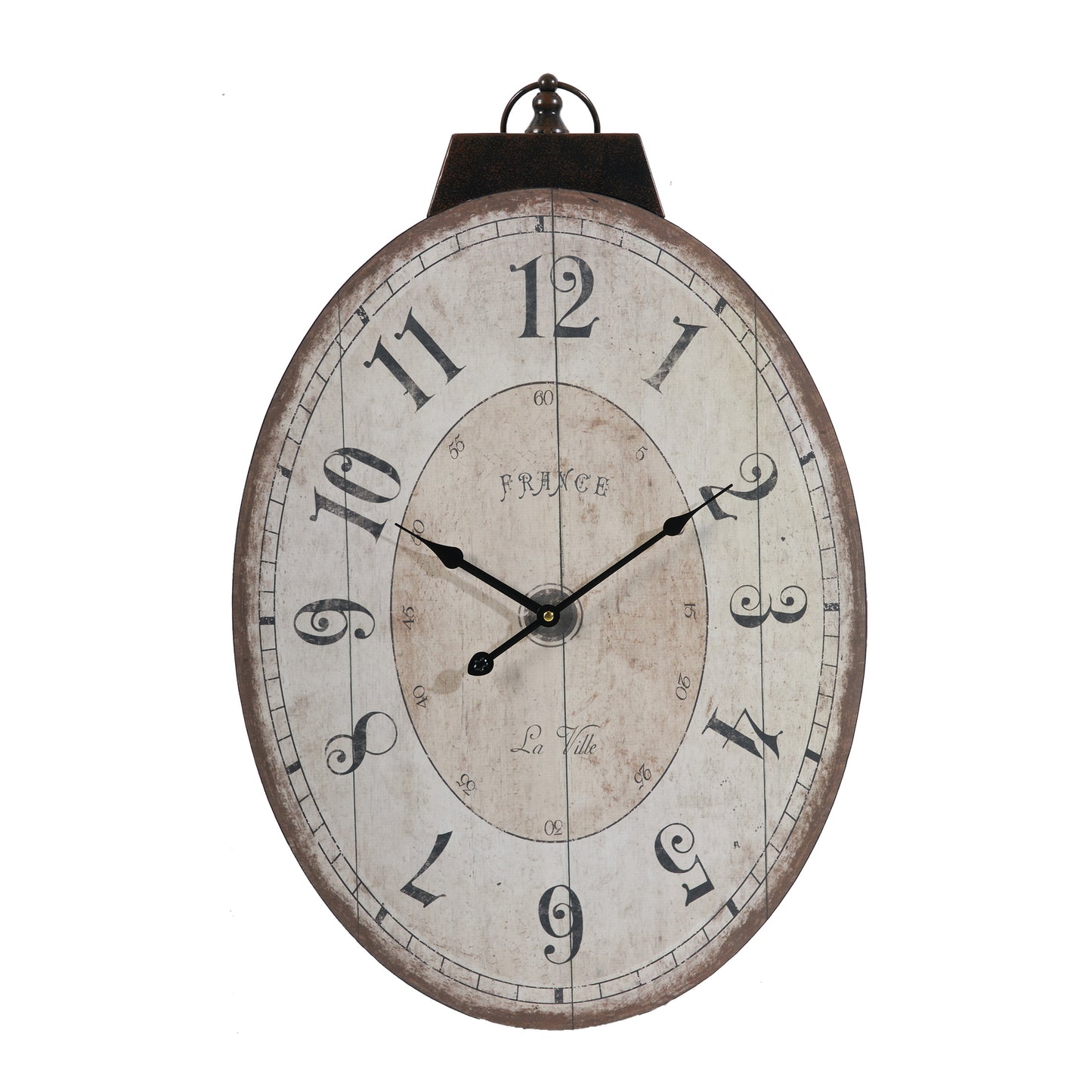 Rustic oval wall clock with distressed white face and French script for home decor
