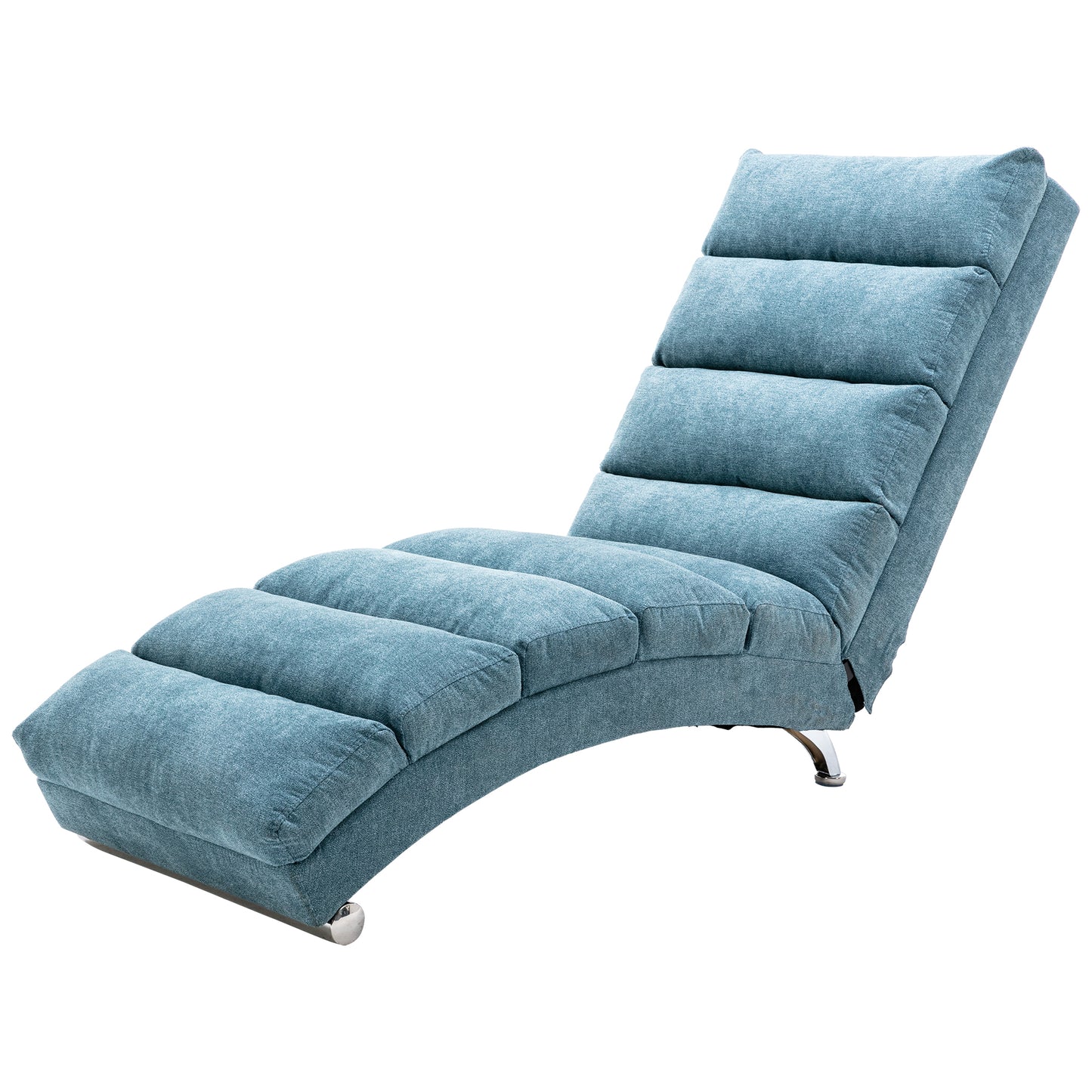 Padded blue fabric chaise lounge with adjustable back and chrome legs perfect for living rooms