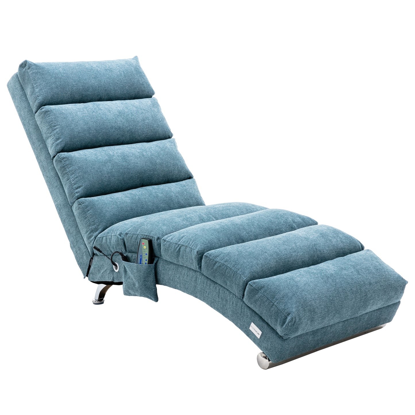 Adjustable blue fabric chaise lounge with remote control and side pocket