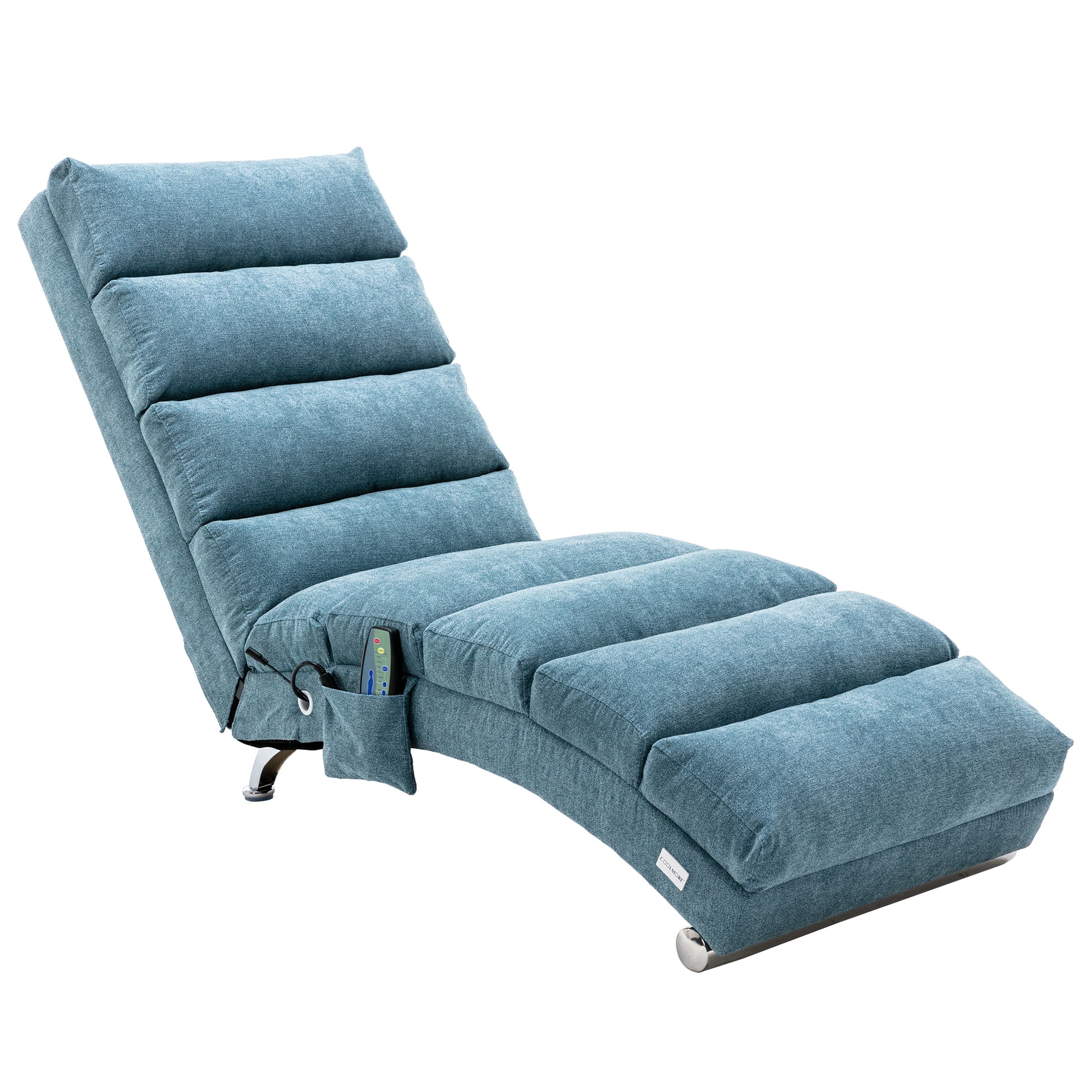 Adjustable blue fabric chaise lounge with remote control and side pocket