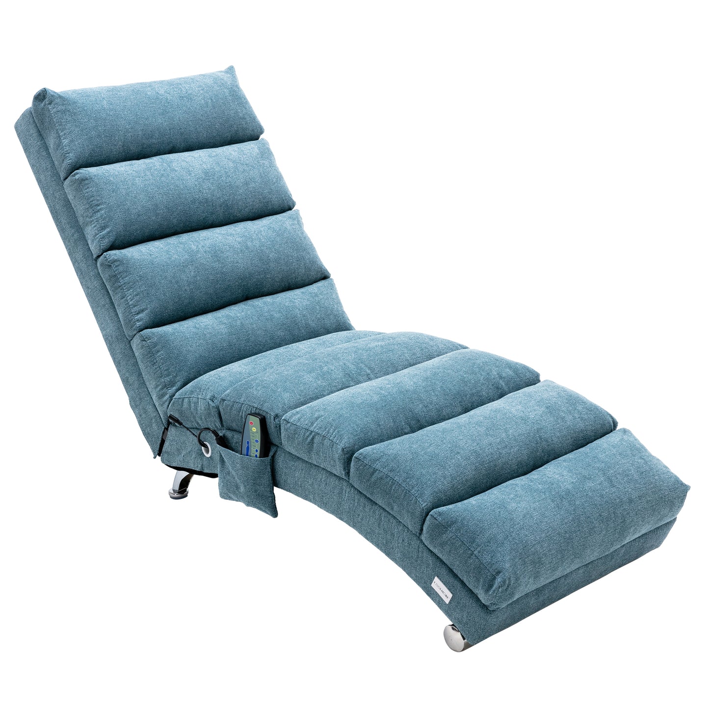 Adjustable blue fabric lounge chair with integrated remote control pocket