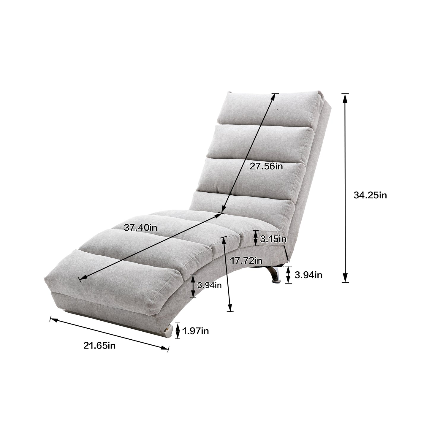 Adjustable light gray linen fabric chaise lounge with plush cushioning and modern metal legs