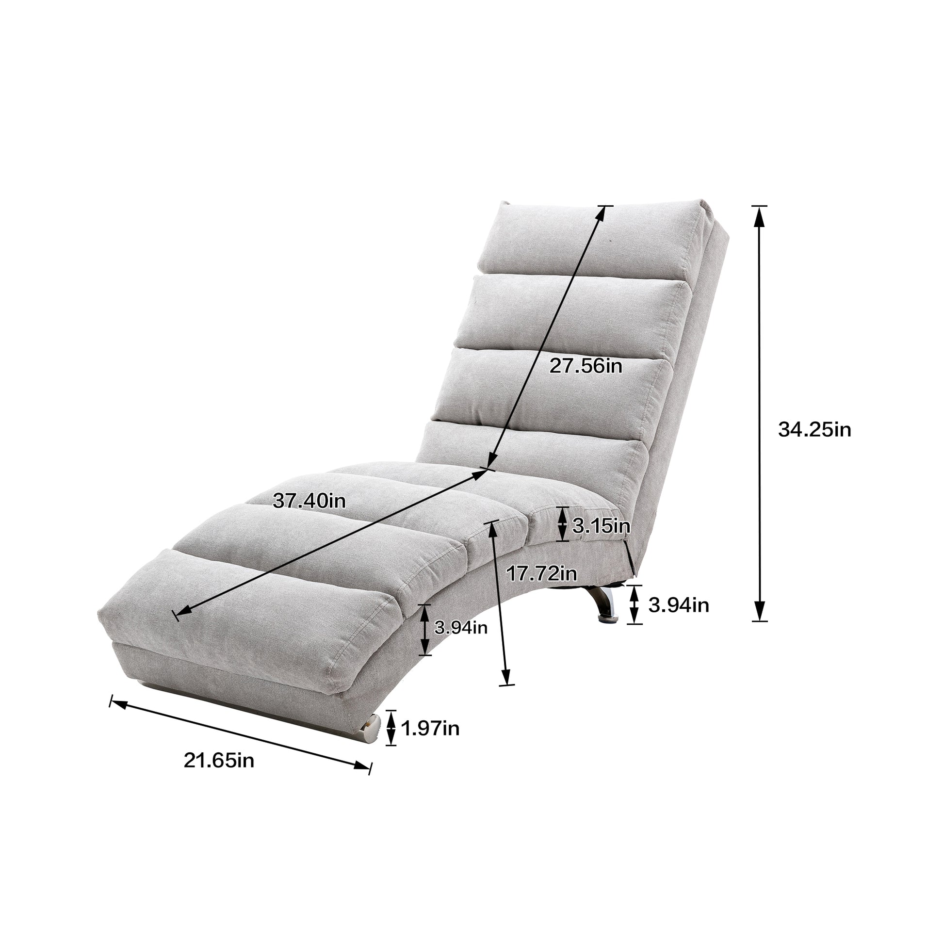 Adjustable light gray linen fabric chaise lounge with plush cushioning and modern metal legs