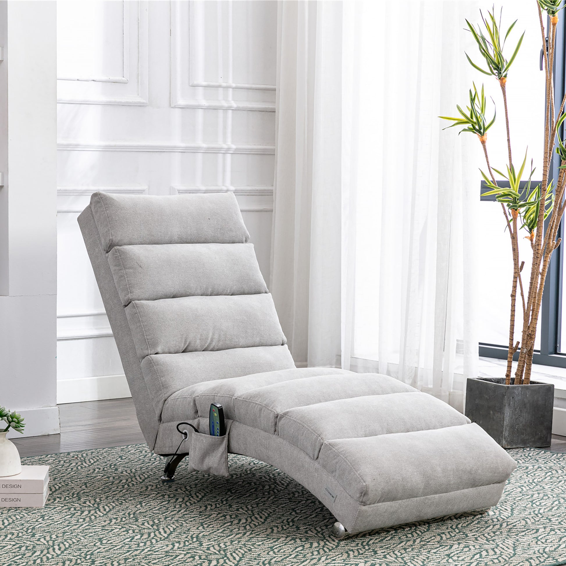 Light grey fabric recliner chaise lounge with adjustable back and side pocket
